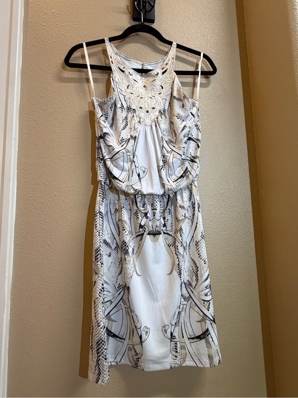 White House Black Market White and Black & Beige Snake Printed Halter Mini Dress
